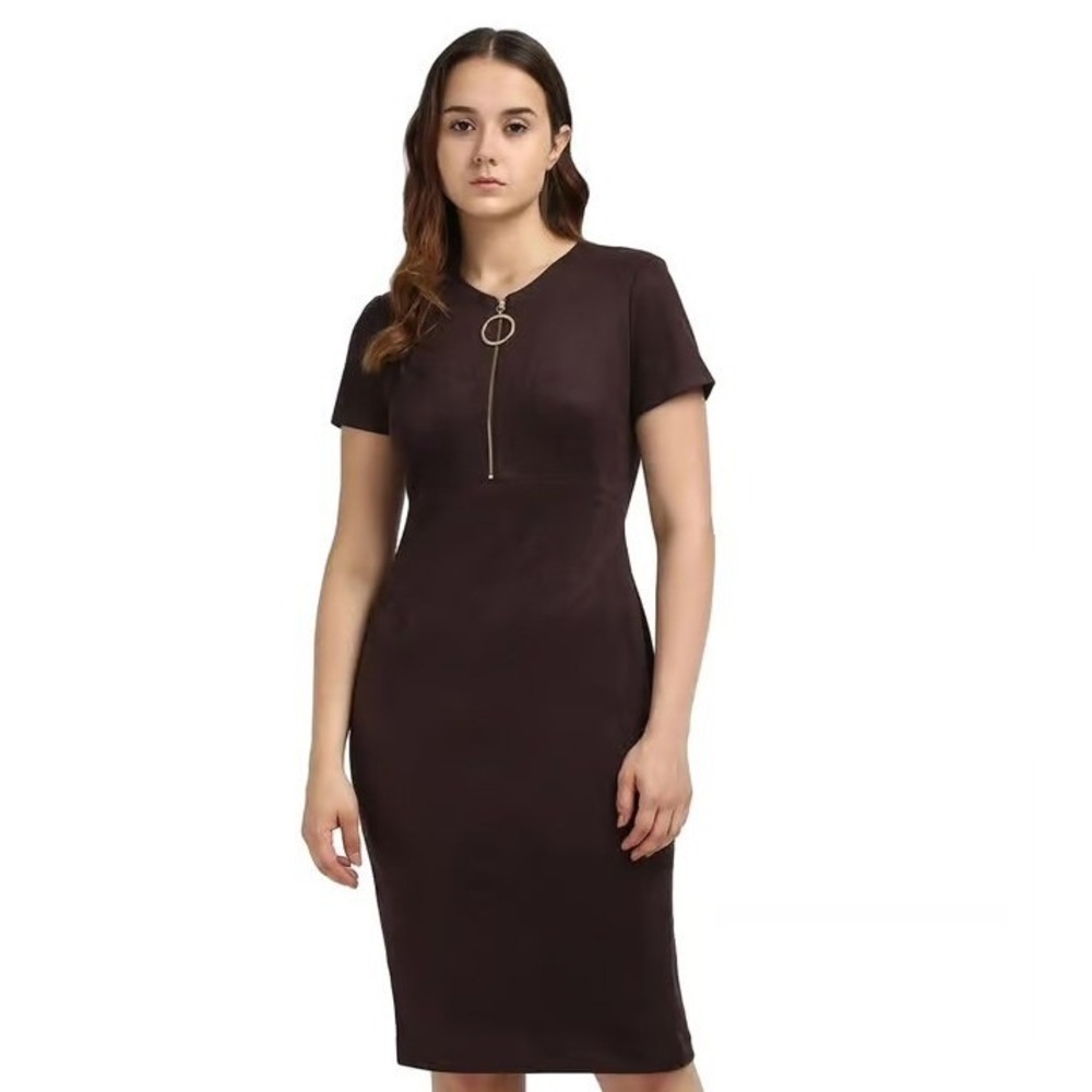Calvin Klein Women's Sz 8 Zip-Front Sheath Dress Chocolate Brown Gold Faux Suede